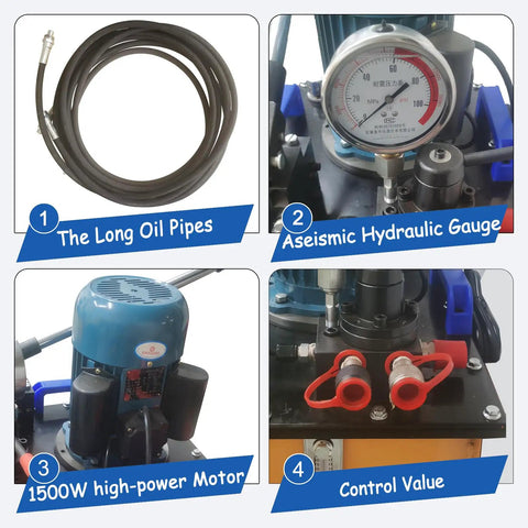 Rock Solid 150 Ton Hydraulic Sleeve Press And Chain Repair Machine components including long oil pipes and 1500W motor.