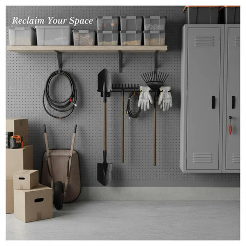 Heavy Duty Iron Wall Mounted Tool Rack For Garage And Shop with visible tools and storage in workshop setting