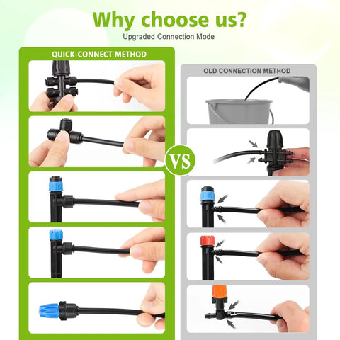 Comparison of quick-connect and old methods for 230 Feet Quick Connect Drip Irrigation System Kit For Garden Greenhouse Yard And Lawn