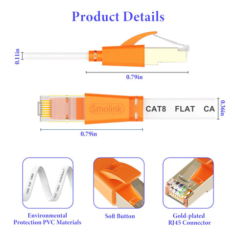 Diagram of Cat8 Ethernet Cable 15 Ft Flat SFTP Patch Cord with Gold Plated RJ45 Connectors detailing size and features.