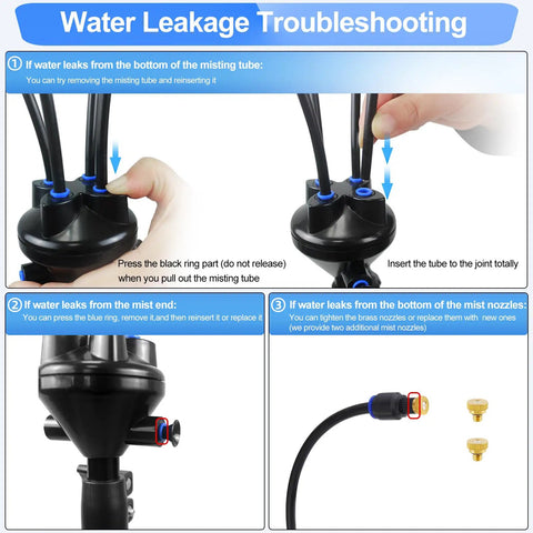 Troubleshooting guide for Adjustable Outdoor Misting System For Patio And Garden Height From 3.5 To 5.25 Feet 26.5 Ft Water Supply Line