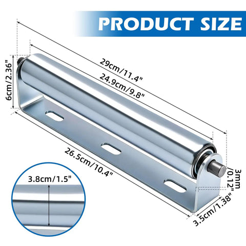 Solid 60 Inch Conveyor Roller Set dimensions showing galvanized steel roller size 29cm x 6cm with heavy duty bracket.
