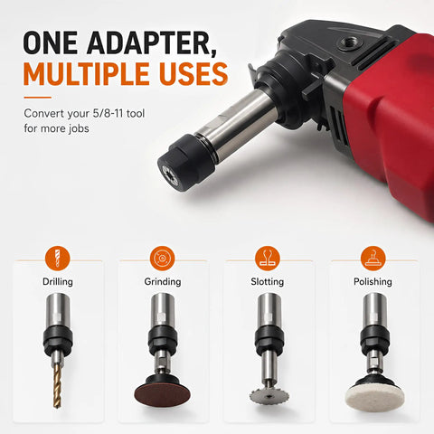 5/8-11 Angle Grinder Extension Shaft Adapter Set With ER16 Collets for versatile tooling in drilling, grinding, slotting, polishing