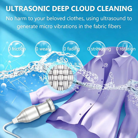 Portable Handheld Ultrasonic Cleaning Probe With Auto Timer And 60Khz Frequency, Adjustable Power For Knocking Out Grime On Jewelry, Glasses, Dishes, Produce And Delicate Fabrics, Built Different For Tough Jobs with silver cleaning wand and purple shirt.