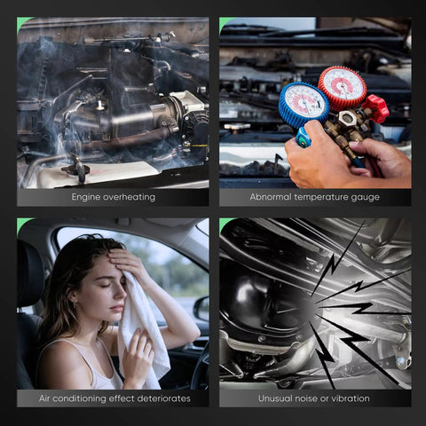 Straight Shot Engine Cooling Fan Assembly Compatible With Buick Verano 2.4L And Chevy Cruze 1.4L 1.8L shown in engine overheating images.