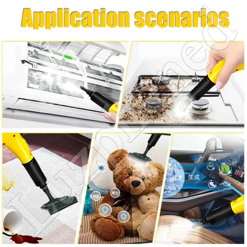 PtaTritious High-Pressure Steam Cleaner With Huge 3.5 L Tank cleaning various surfaces including a stove, carpet, and toys.