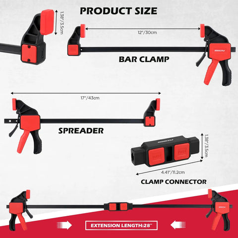 Three-Piece 12-Inch Bar Clamps Set With Quick Release Clamp Connector And Spreader One-Handed Trigger Clamps Up To 150 Lbs