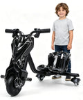 Rad Electric Crazy Drift Cart for Kids Big Wheel Drift Trike 12V Ride On Car With Swivel Steering Slide Seat 360 Degree Drifting Adjustable Size for Growing Riders Strong Steel Frame Black, shown with child