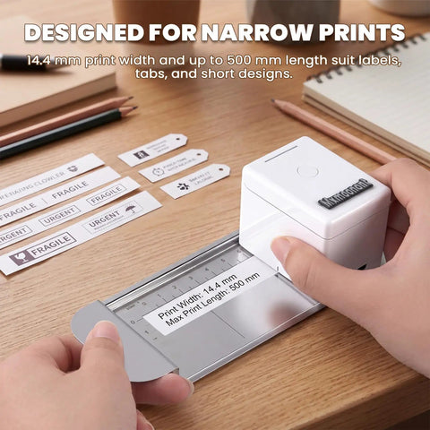 Straight To Point Color Handheld Printer For Paper And Cardstock With Guided Edge Ruler Makes No Stress Diy Craft Labels Fast Homework Signs And Total Organization Wins on a desk, printing narrow labels.