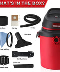 4 Gallon 4.0 Peak HP Wet Dry Shop Vacuum Grab-and-Go Portable with Wall Mount, tool holder, hose, and filter accessories
