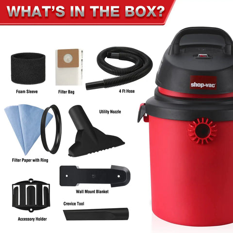 4 Gallon 4.0 Peak HP Wet Dry Shop Vacuum Grab-and-Go Portable with Wall Mount, tool holder, hose, and filter accessories