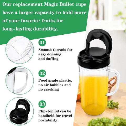 22oz Blender Cup Replacement Set With Flip Top On The Go Lid And Handle For 250W MB1001 Blenders Food Grade Material