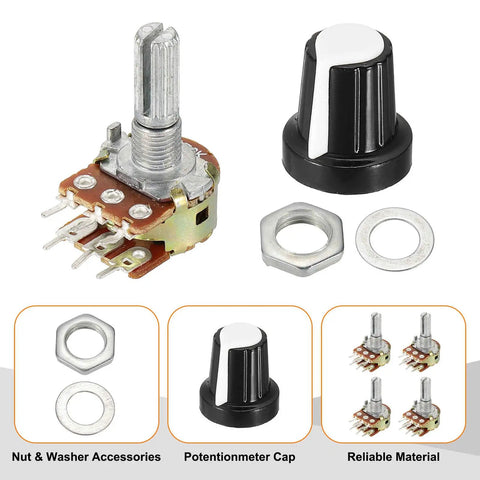Dual Channel B50K Potentiometer Kit With 6 Pin Split Shaft Rotary Potentiometers For Audio Volume Control, White, knob, nut, washer, 20mm