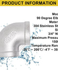 Two Pack Three Quarter Inch NPT Female to Female 90 Degree Stainless Steel Pipe Elbow Fittings with product specifications