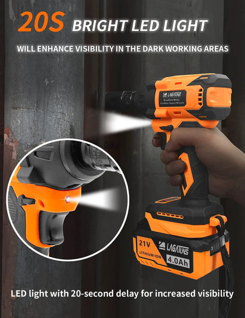 Beast Of A Cordless Impact Wrench With 450NM Torque And Brushless Motor One Half Inch Drive 3600 RPM Includes 4.0Ah Li Ion Battery LED light in use.