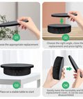 Zlmondee Remote Controlled Motorized Rotating Display Stand Turntable showing setup instructions for black covers and stable placement.