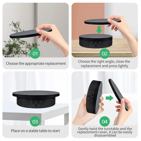 Zlmondee Remote Controlled Motorized Rotating Display Stand Turntable showing setup instructions for black covers and stable placement.