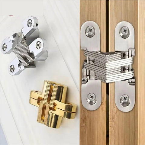 Hidden 180 Degree Zinc Alloy Cross Door Hinge for Cabinets and Furniture, Concealed Invisible Hinge Kit, shown in silver and gold.
