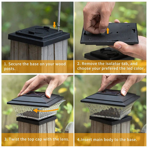 Installation steps of Solar Post Lights For Outdoor Deck And Fence Two Mode Led Lighting Warm White Or Bright White Black Finish 6 Pack Fits 4x4 Wooden Posts No Wiring Required Easy Install For Backyard Pathway And Gate.