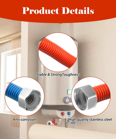 36 Inch Flexible Stainless Steel Corrugated Water Heater Connector with Three Quarter FIP Ends shown in red and blue color-coding