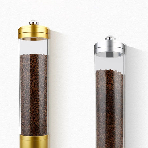 Rugged Gold Coffee Bean Dispenser Jar With Airtight Lid For Kitchen Counter Setup, clear glass, storing coffee beans.