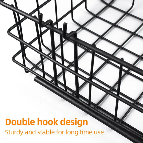 Close-up of heavy duty chrome steel bin with double hook design for secure mounting. Part of 4 Pack Pegboard Baskets Set With Hooks, Square Style Pegboard Organizers For Workbench And Garage Storage, Heavy Duty Chrome Steel Bins In S M L XL Sizes, Each Holds Up To 30 Lbs.