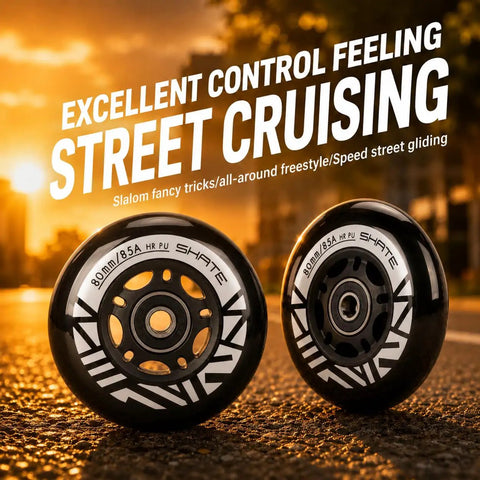 Eight Pack Inline Skate Wheels Set 72mm 76mm 80mm With ABEC9 Bearings And 85A PU Durometer for smooth street cruising.