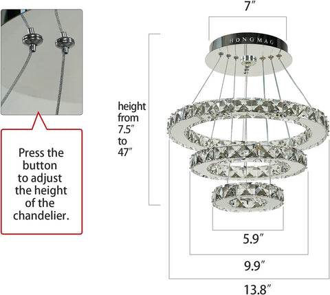 Slick Modern Crystal LED Chandelier With Adjustable Stainless Steel Rings showcasing size and height adjustment feature.