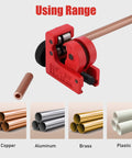 Two Pack Tubing Cutter Set For Copper, Brass, Aluminum And PVC Pipe, 1/8 Inch To 5/8 Inch Cut Range showing usage on various pipes