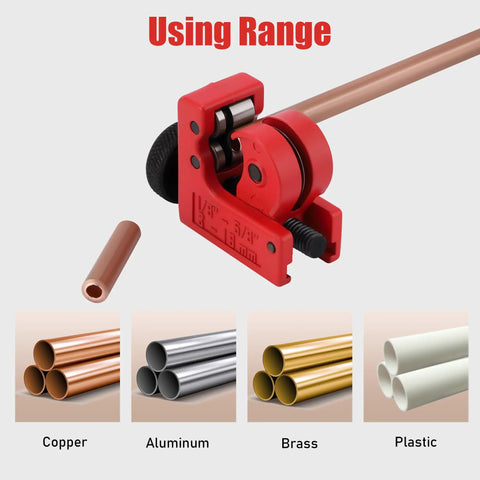 Two Pack Tubing Cutter Set For Copper, Brass, Aluminum And PVC Pipe, 1/8 Inch To 5/8 Inch Cut Range showing usage on various pipes