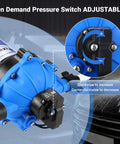 Close-up of Heavy-Duty 7 GPM 70 PSI 110V Diaphragm Water Pump With Five Chamber Self Priming System pressure switch adjustment