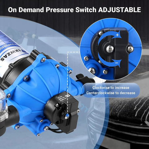 Close-up of Heavy-Duty 7 GPM 70 PSI 110V Diaphragm Water Pump With Five Chamber Self Priming System pressure switch adjustment