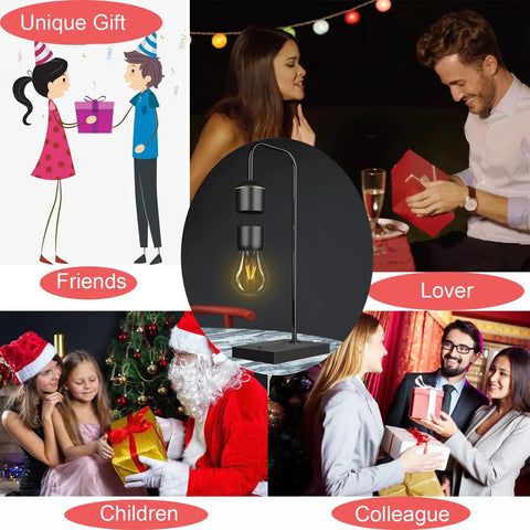 Lit Magnetic Levitating Light Bulb Lamp With Black Base displayed as a unique gift for friends, lovers, children, and colleagues.