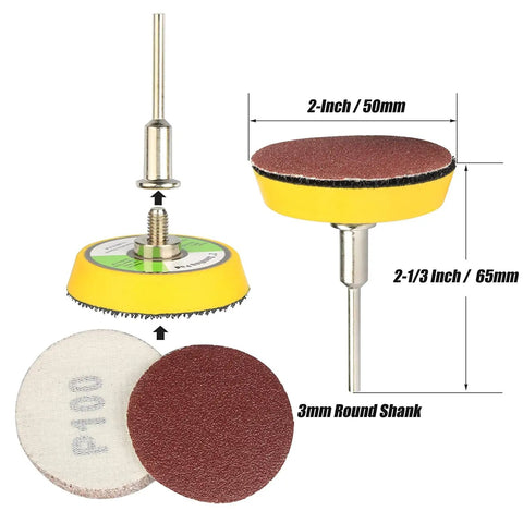 Fifty Piece Two Inch Rotary Sanding Discs Kit with One Eighth Inch Shank Backing Pad and Hook and Loop Holder for Dremel Tool