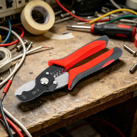 Eight Inch Wire Strippers And Cable Cutters Built Like A Tank With Hardened Manganese Steel Blades for heavy duty wiring on a wooden workbench.