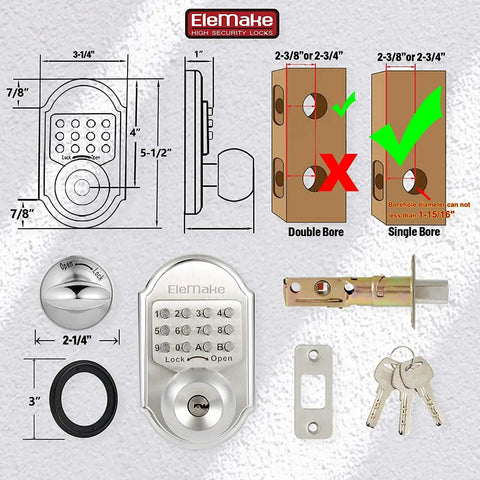 Diagram of All Mechanical Keyless Entry Pad Deadbolt Lock In Stainless Steel 304 Sabbath Ready Lock No Battery Needed Use Passcode Or Key Durable Pro Grade Security For Home Or Office showing dimensions and components.