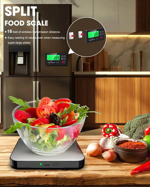 Digital Kitchen Scale With 22 Lb Capacity, 1g/0.1oz Precision, shown with salad bowl and remote LCD display in kitchen setting