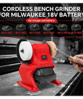 Heavy-Duty Cordless Bench Grinder With Dual Wheels For Metal Polishing And Sharpening High Speed 5500Rpm Electric Tool For DIY Projects showing red unit with grinder wheel.