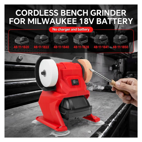 Heavy-Duty Cordless Bench Grinder With Dual Wheels For Metal Polishing And Sharpening High Speed 5500Rpm Electric Tool For DIY Projects showing red unit with grinder wheel.