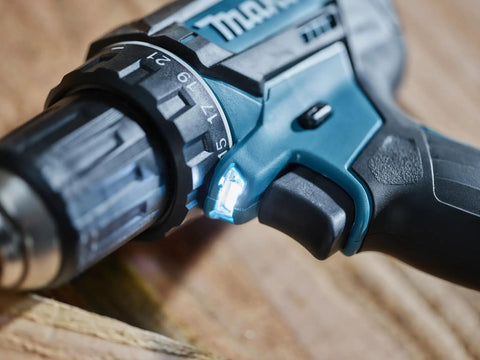 Close-up of Badass Compact 18V Cordless Driver Drill Body Only Equipped With Heavy Duty Metal Gears and controls on the handle.