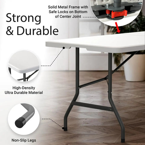 Close-up of 6 Foot Foldable Table With Built In Handle And Steel Legs, Heavy Duty Portable Utility Table Party Ready showing sturdy frame