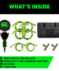 Ultra Fast Four Tire Inflation And Deflation System With Four Way Hose Kit for Trucks Cars Trailers and Motorcycles, shown with digital gauge and manifold, in carry bag.