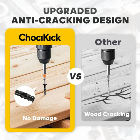 ChociKick anti-cracking design showing no damage versus wood cracking for Badass Black Lag Screws Size 14 X 4 1 2 Inch.