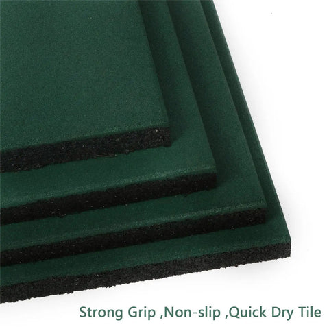 Stack of Interlocking Rubber Tiles 20x20x1 Heavy Duty Non Slip Flooring Mat Green for Gyms.