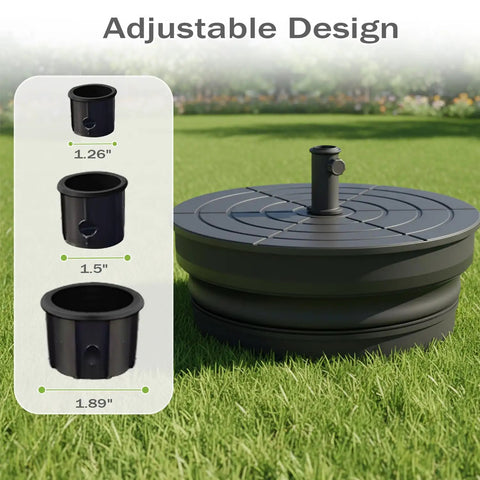 Beefy Heavy Duty Outdoor Umbrella Base with adjustable design, showing inserts for 1.26, 1.5, and 1.89 inch poles on grass.
