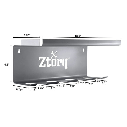 Cordless Drill Tool Organizer Wall Mount Charger and Storage Rack with dimensions and Ztorq logo, steel material.
