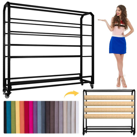 Hella Sturdy Fabric Roll Storage Rack With Smooth Riding Casters And Adjustable Hanging Rod Display Shelf For Leather Wallpaper Rolls, showcasing rolls of fabric.