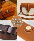 Various leather products made with Seven Piece Leather Craft Tool Set With Half Round Arc Shaped Punches For Straps Belts Wallets.