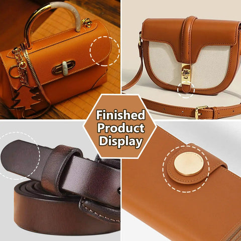 Various leather products made with Seven Piece Leather Craft Tool Set With Half Round Arc Shaped Punches For Straps Belts Wallets.