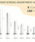 Wood Screws Assortment Kit For DIYers, 150 Pcs Self-Tapping Phillips Screws In 6 Sizes For Wood, Pro Grade, Rust Resistant